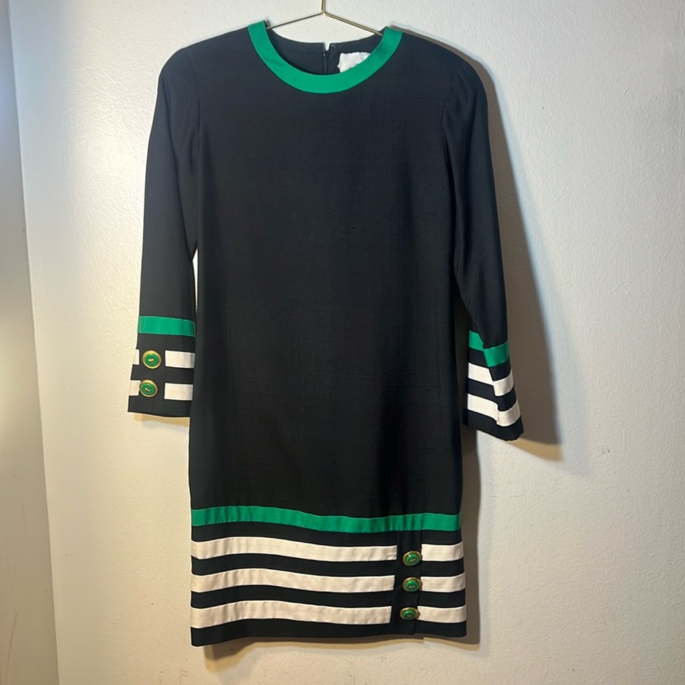 Steve Fabrikant Vintage Black Ivory Stripe Long Slv Green Star Buttons Dress 10